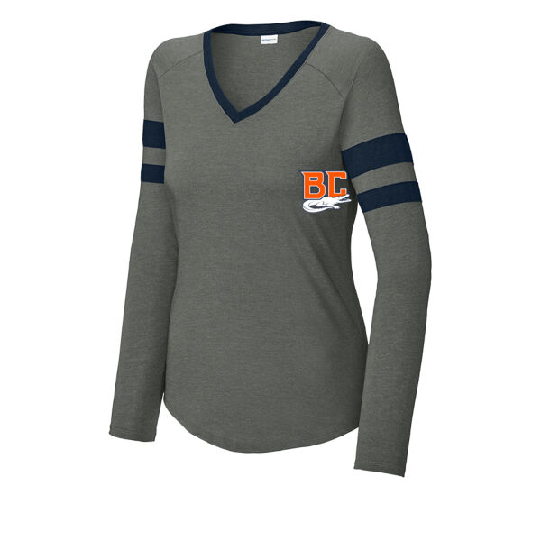 Ladies Halftime Stripe Long Sleeve V Neck Tee - LST6043 - Ladies Halftime Stripe Long Sleeve V Neck Tee Thumbnail